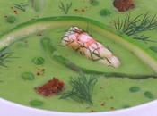 Soupe petits pois, langoustines copeaux d'asperges vertes