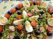 Salade d'Haricots verts Pommes terre, garnie tomates, thon, oeufs, olives