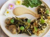 Assiette complète Vegan champignons, fleurs choux, boulgour, oseille houmous